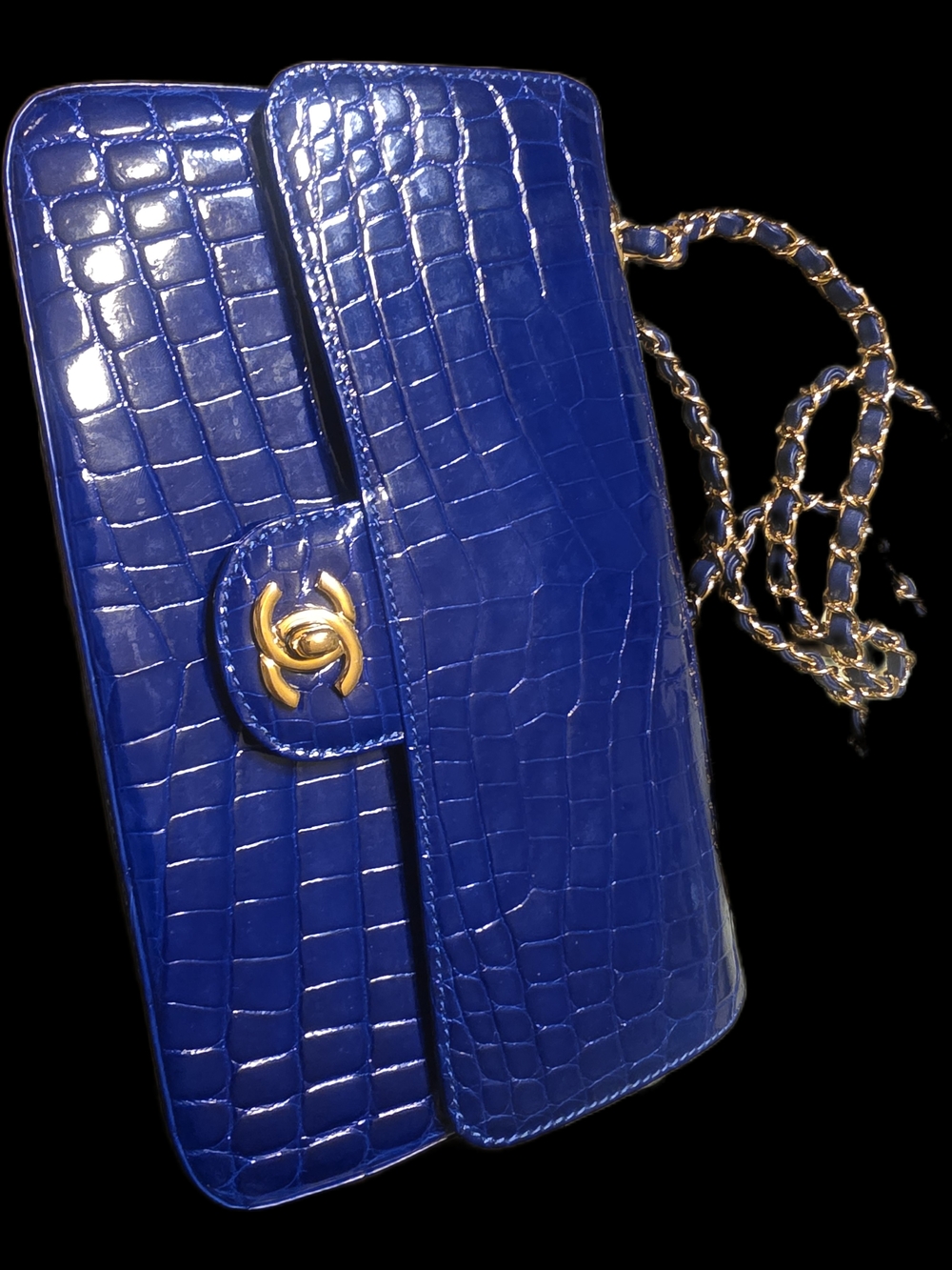 CHANEL Blue Croc-Embossed Leather Chain Crossbody with Gold CC Hardware